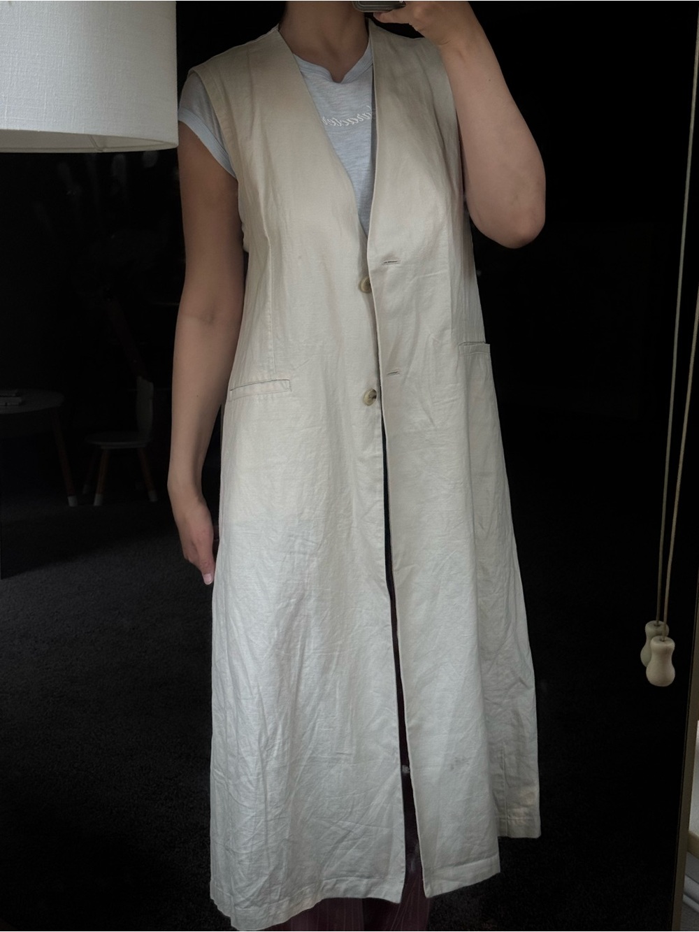MUJI Hemp Cotton Long Vest Beige Sleeveless Duster Size M